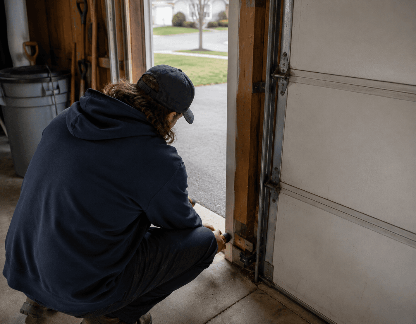 Service tech working on a garage door.
