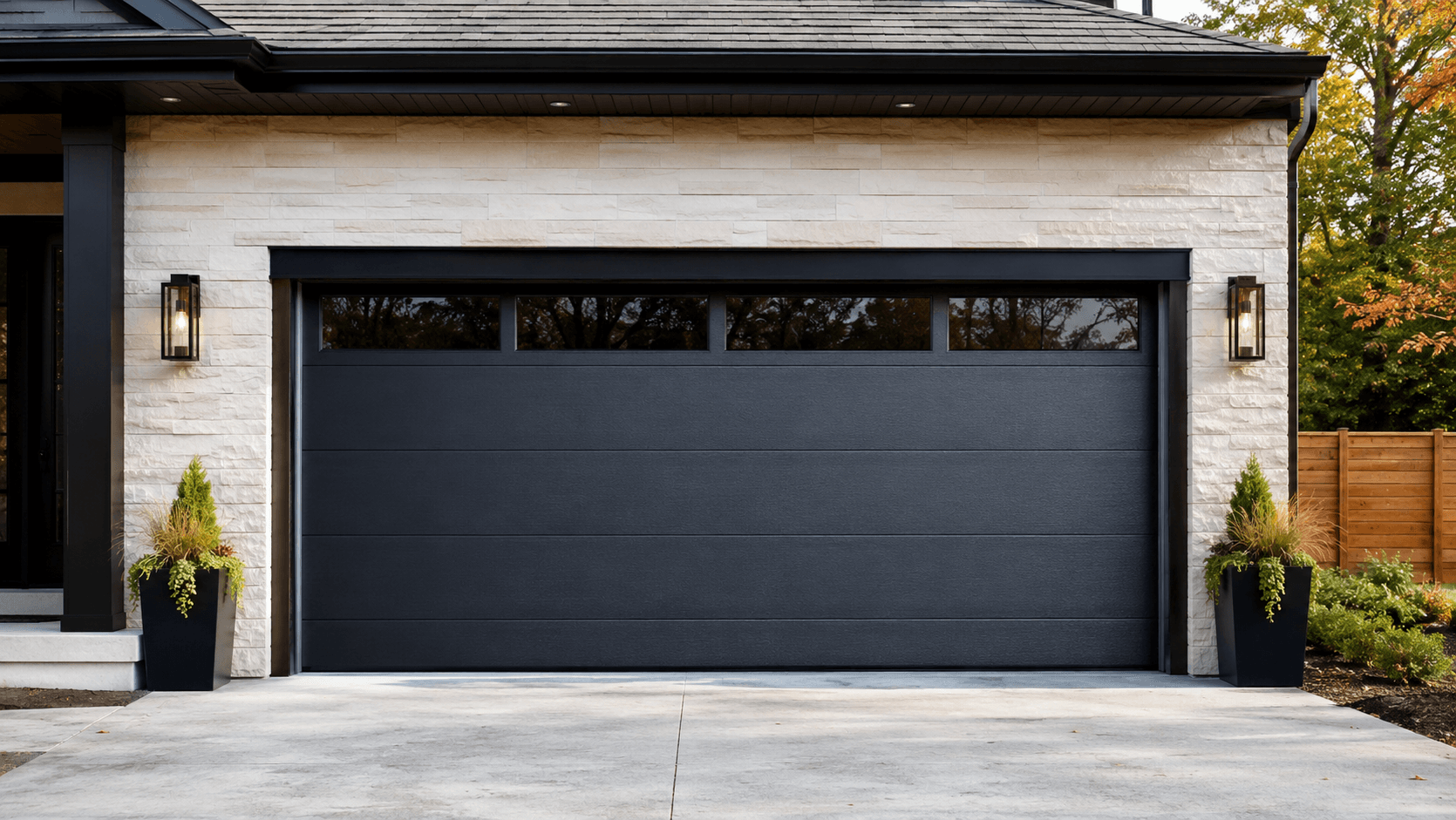 Premium black insulated steel garage door with modern horizontal panels and upper windows on a stone-front home.