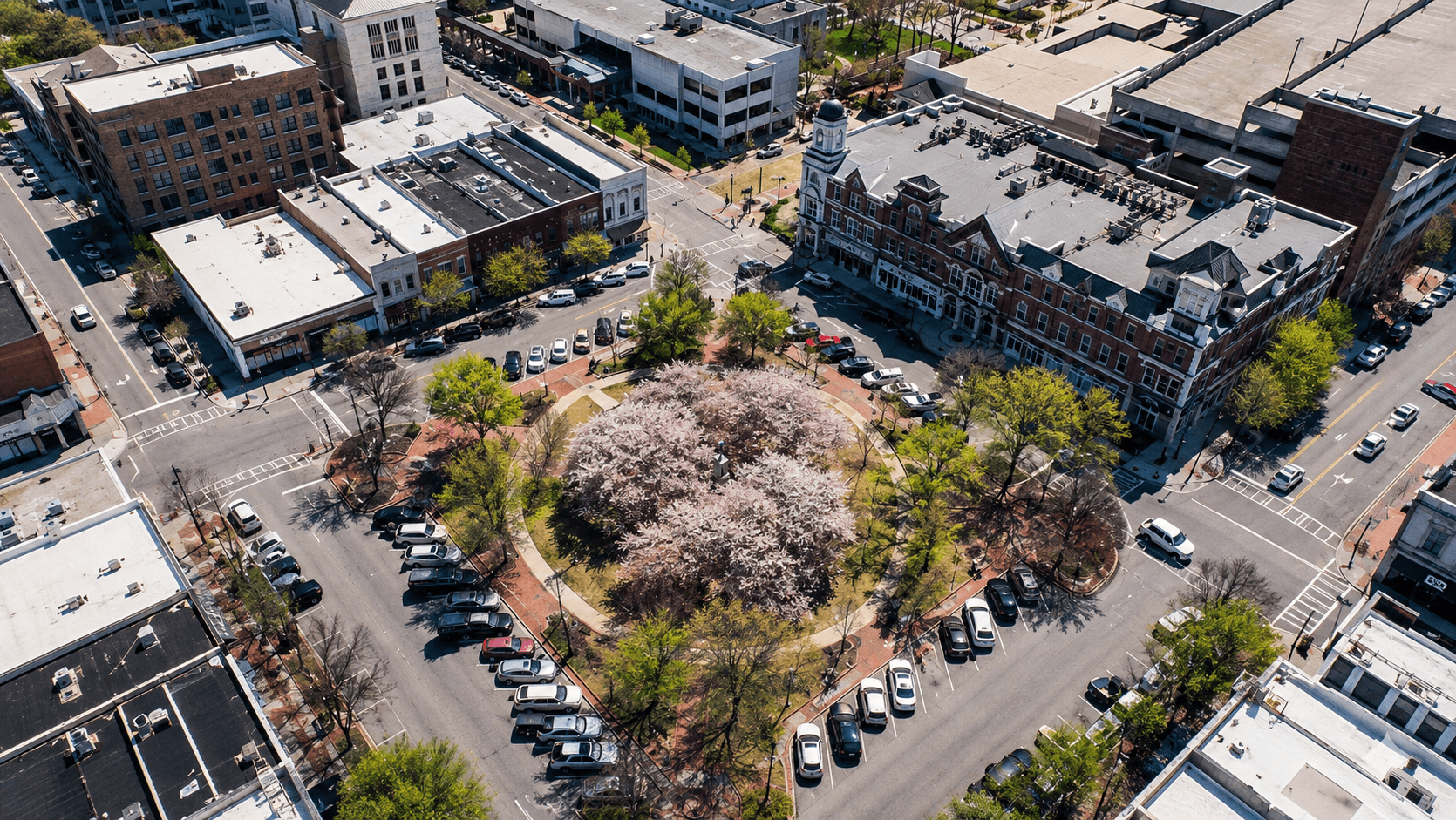Spring time aerial shot of downtown Gainesville GA