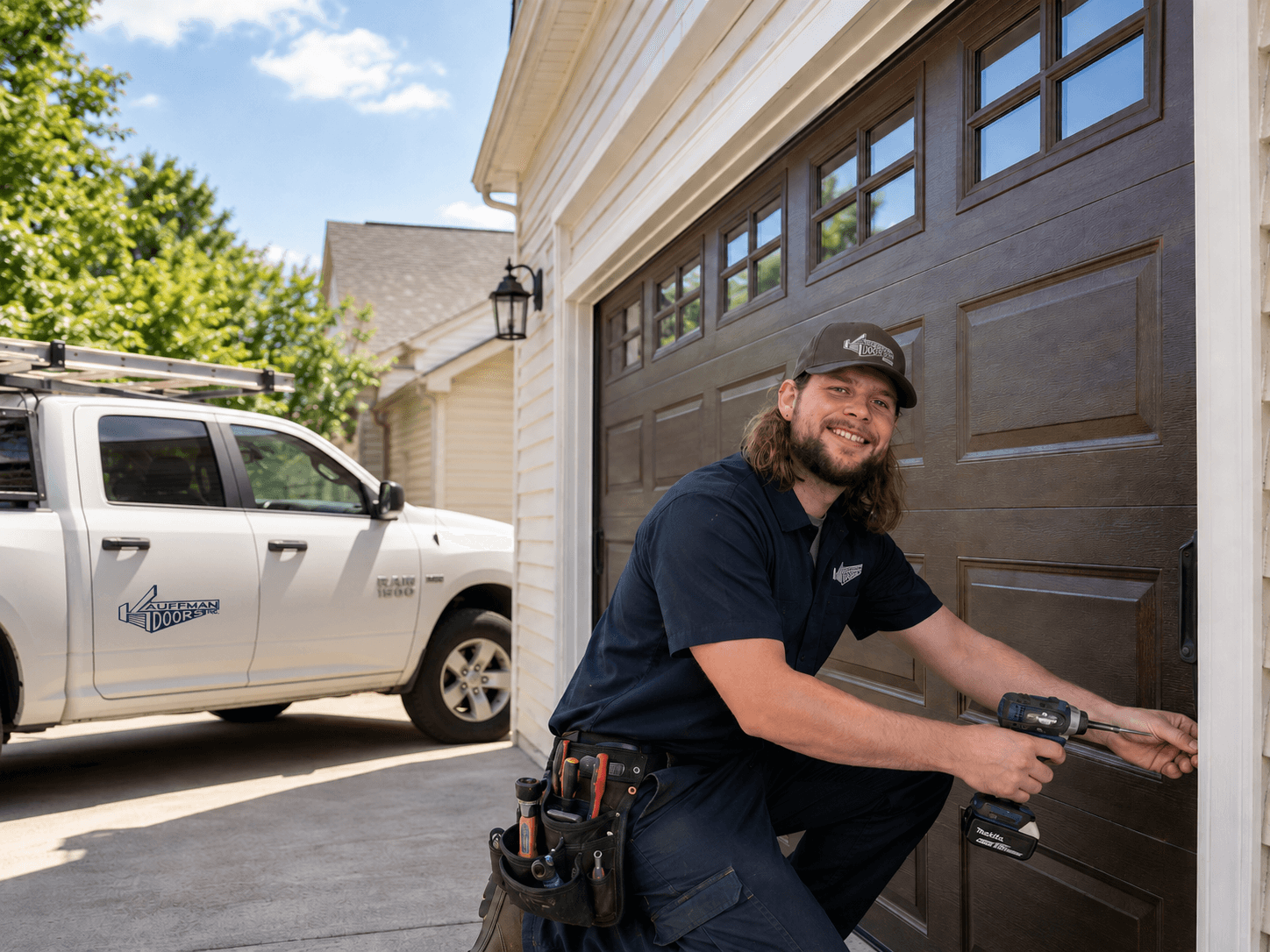 A Kauffman technician adjusting a brown carriage-style garage door, with the company truck parked in the driveway