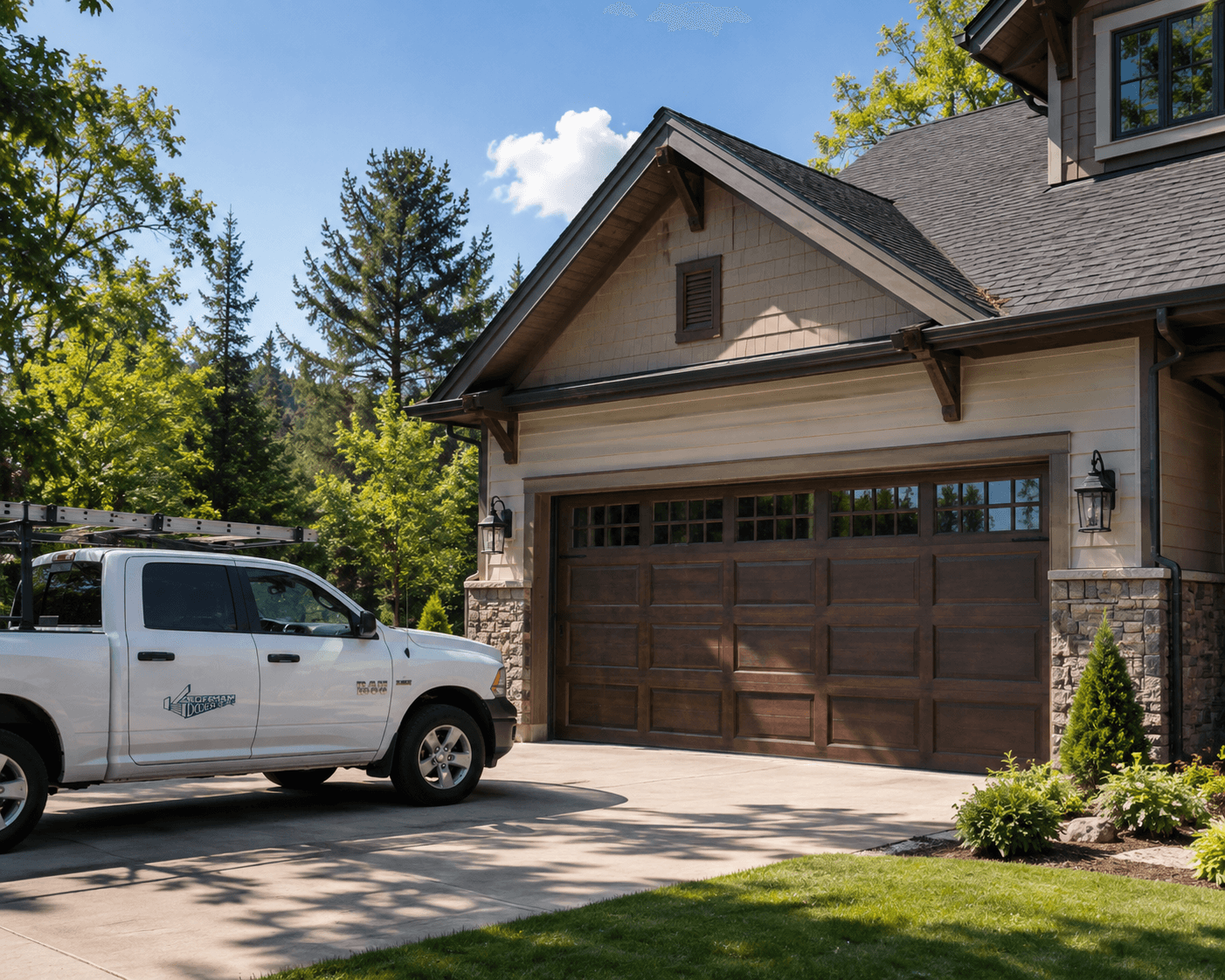 Kauffman garage doors truck in front of premium garage door.