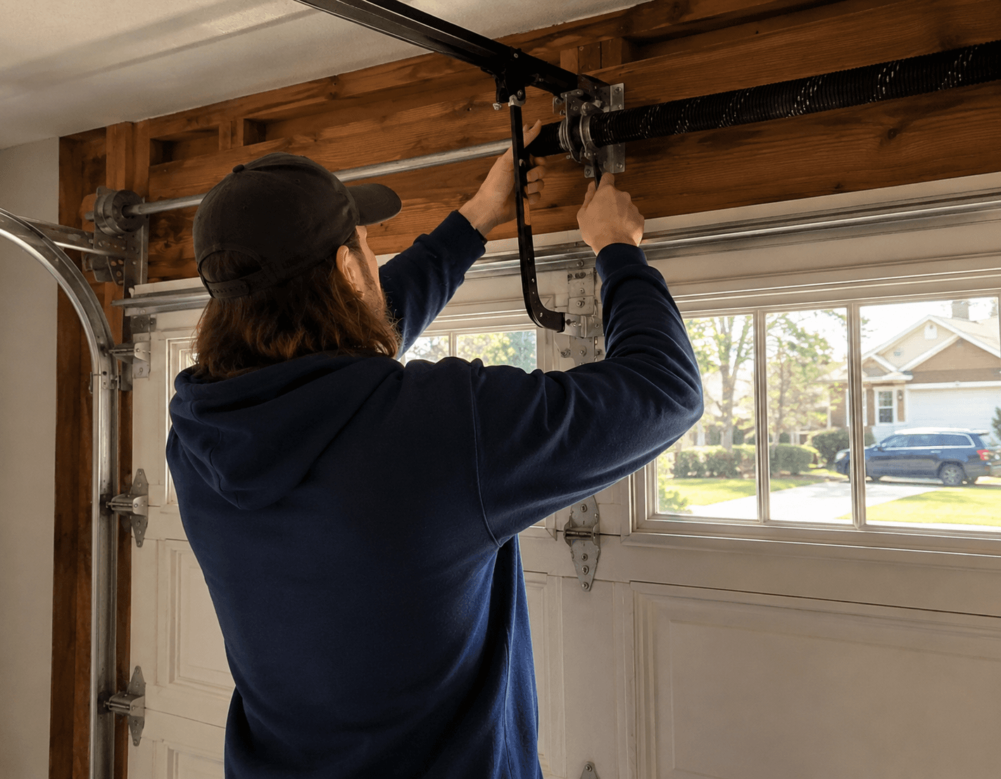 Service tech working on a garage door.