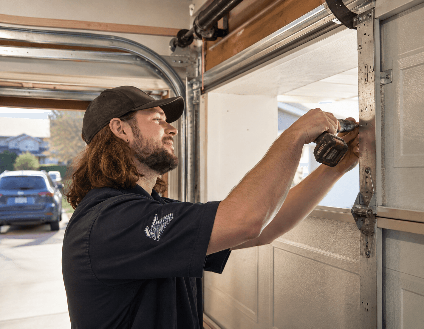 Kauffman technician drilling into the track bracket on a white sectional garage door from inside the garage