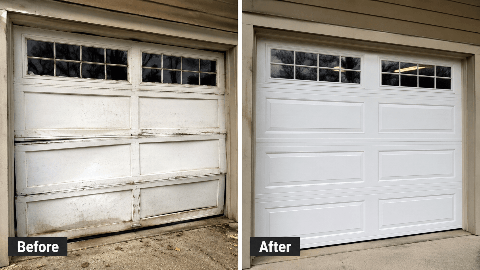 Before and after: a dented, weathered white garage door with a damaged bottom section, replaced with a clean white panelled door with matching window inserts