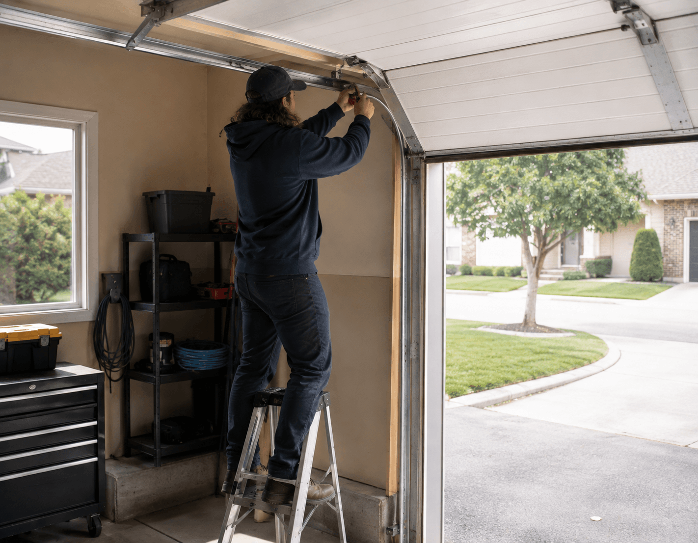 Service tech working on a garage door.