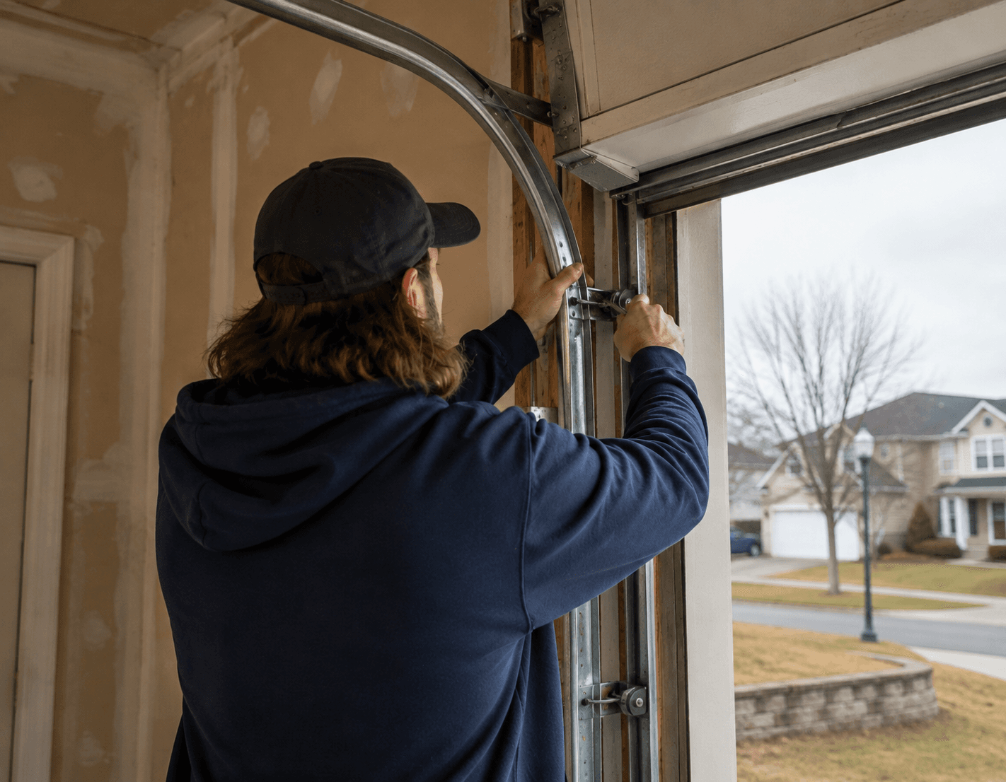 Kauffman service tech working on a garage door repair.