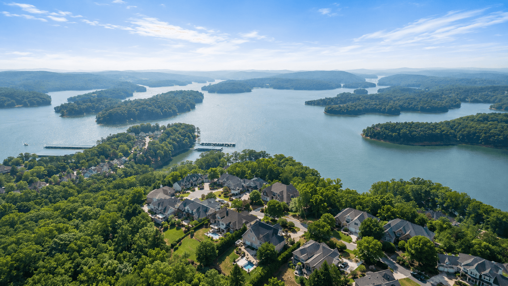 Aerial shot of homes in Flowery Branch on the lake.