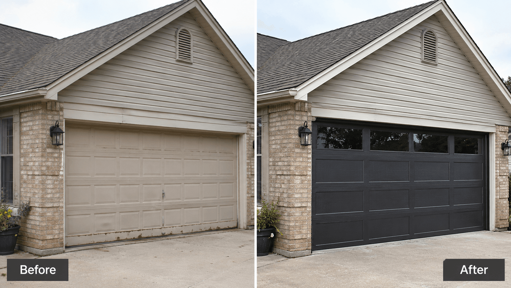 Before and after: a rust-stained beige double garage door replaced with a black long-panel door with a row of windows, on a brick and tan-siding home