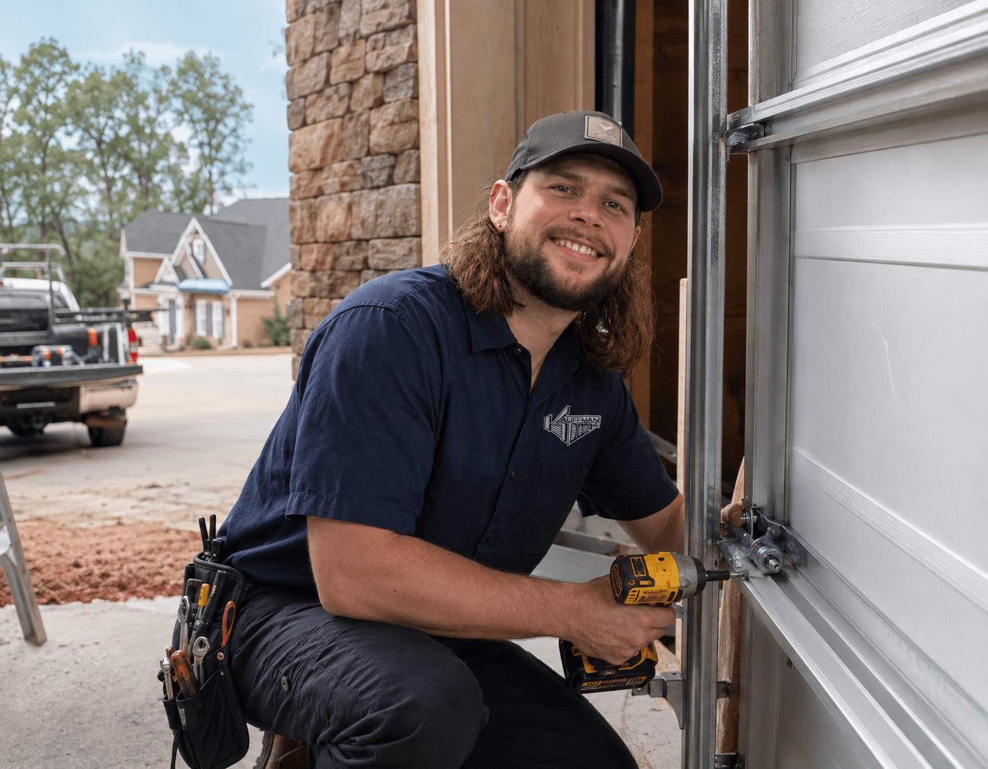 Kauffman installer fastening the vertical track to the jamb of a new white garage door on a stone-front home