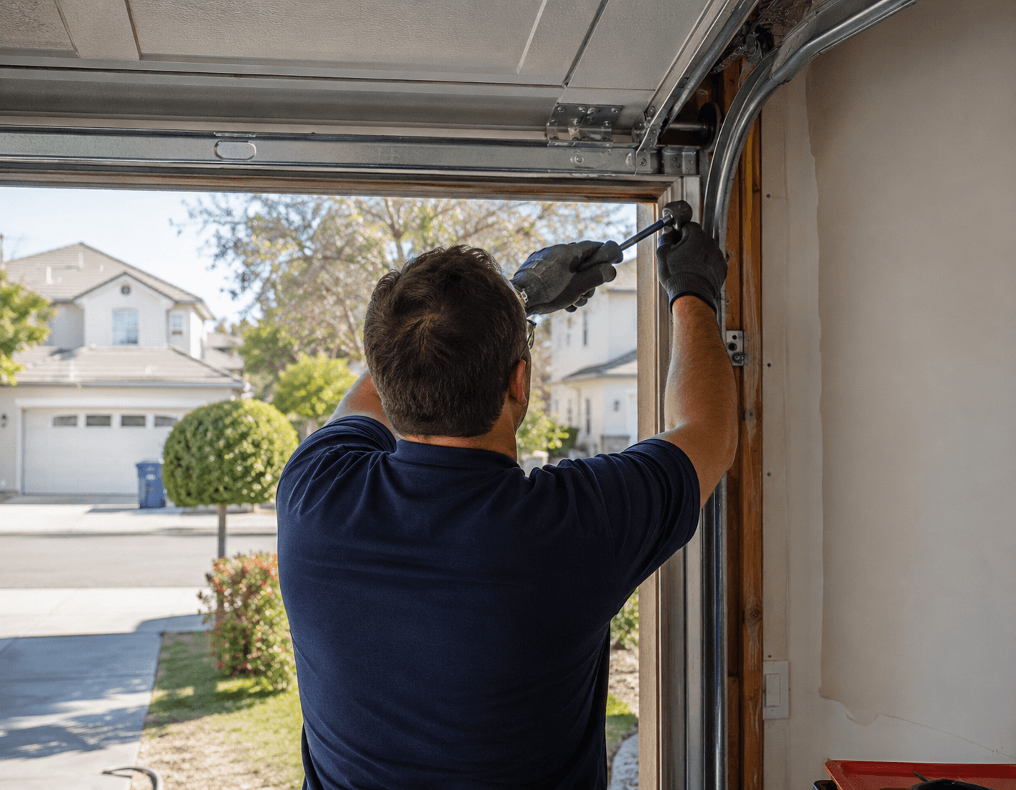 Service tech working on a garage door.