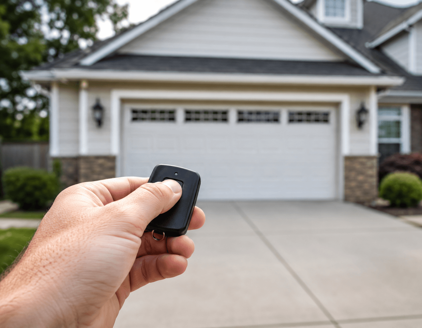 Hand pressing a garage door opener remote with a residential garage blurred in the background