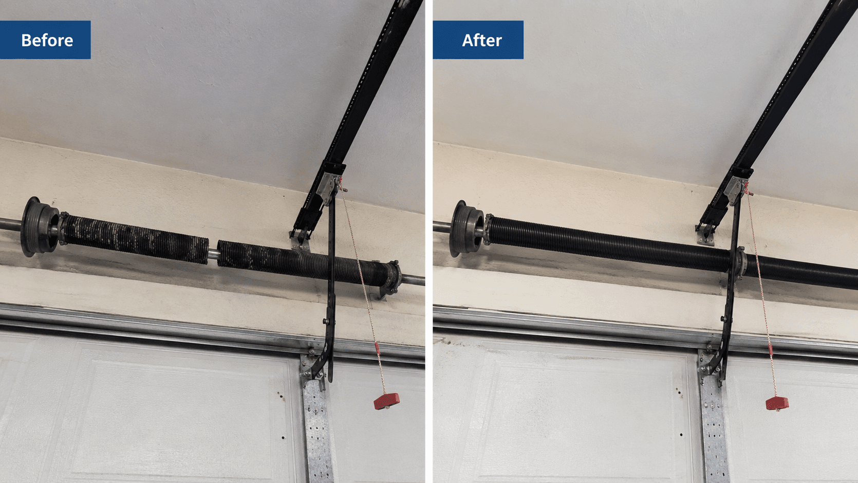 Before-and-after comparison of a broken garage door torsion spring replaced with a new spring.