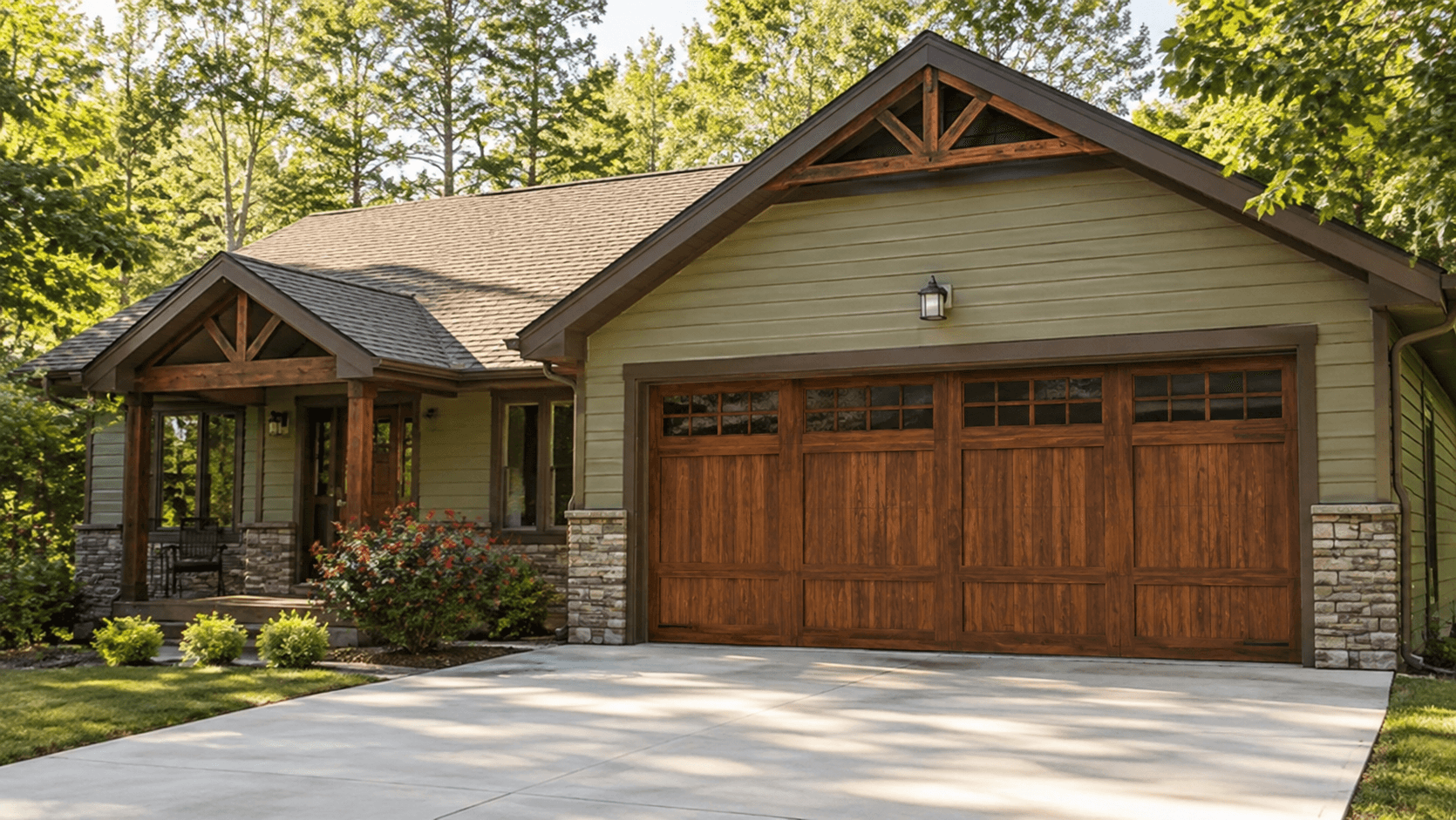 Premium custom wooden garage door with upper windows on a rustic green North Georgia home surrounded by trees.