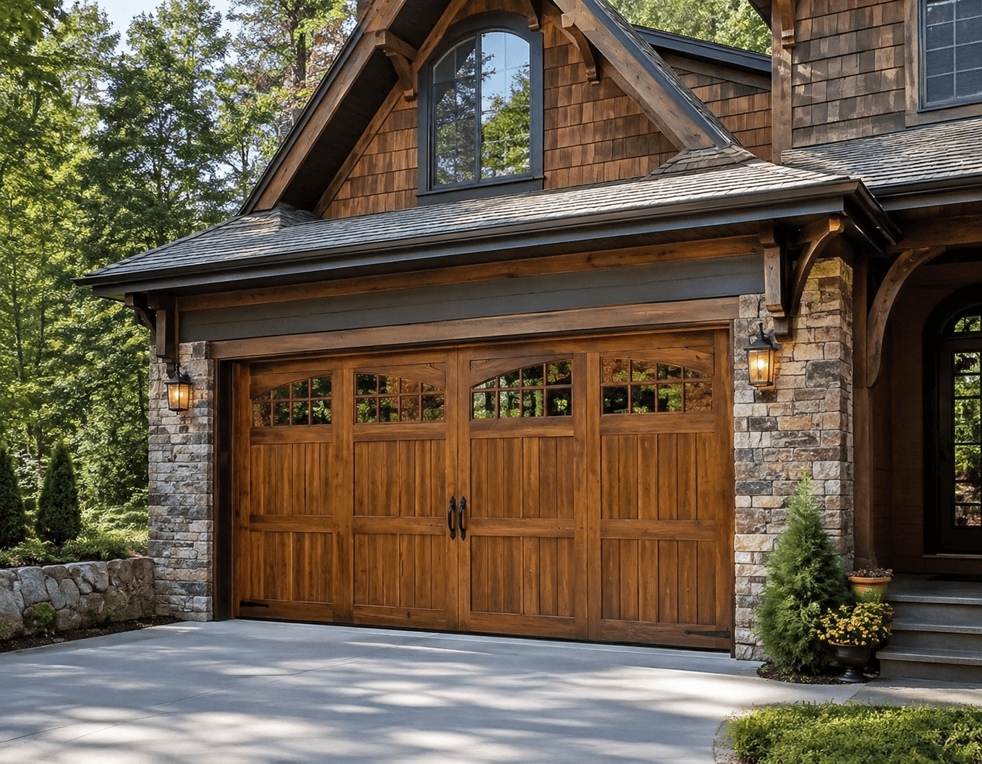 Premium custom wooden garage door with decorative windows on a wooded North Georgia home.